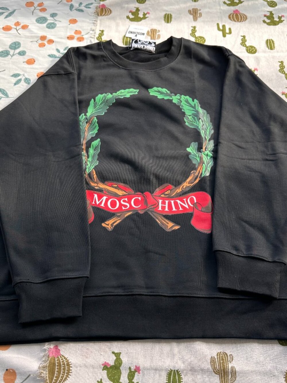 Moschino Black Crewneck Sweatshirt With Olive Branch Emblem Print